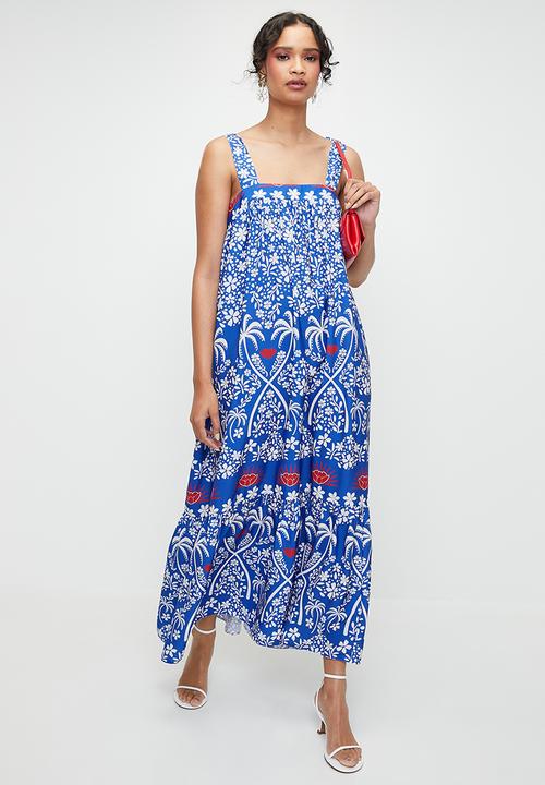 MILLA - Tie detail midi dress - red & blue monstera dbl border
