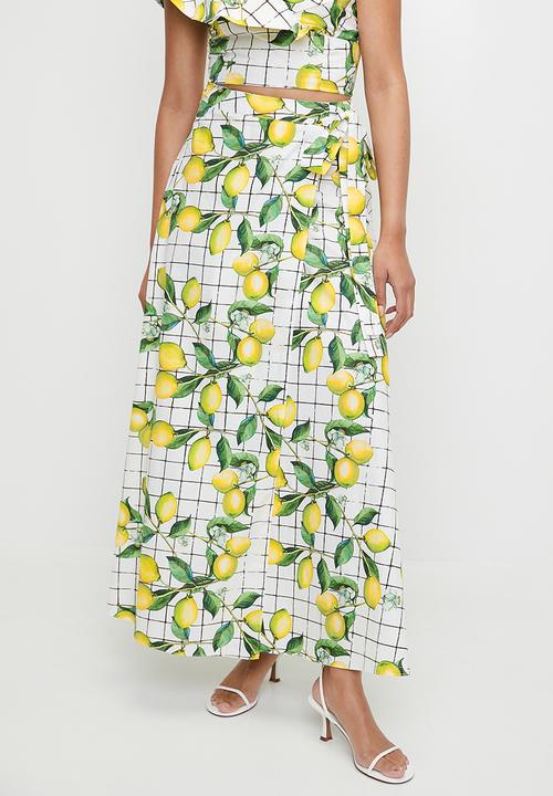 MILLA - Cotton printed wrap skirt (co-ord) - lemon grid aop
