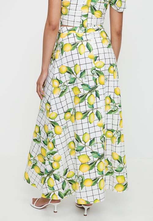 MILLA - Cotton printed wrap skirt (co-ord) - lemon grid aop
