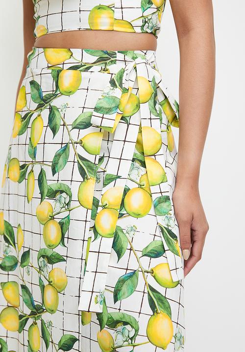 MILLA - Cotton printed wrap skirt (co-ord) - lemon grid aop