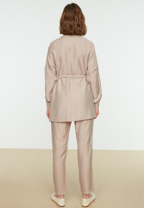 Trendyol - Tie Waist Shirt-Pants Weave Suit - Beige