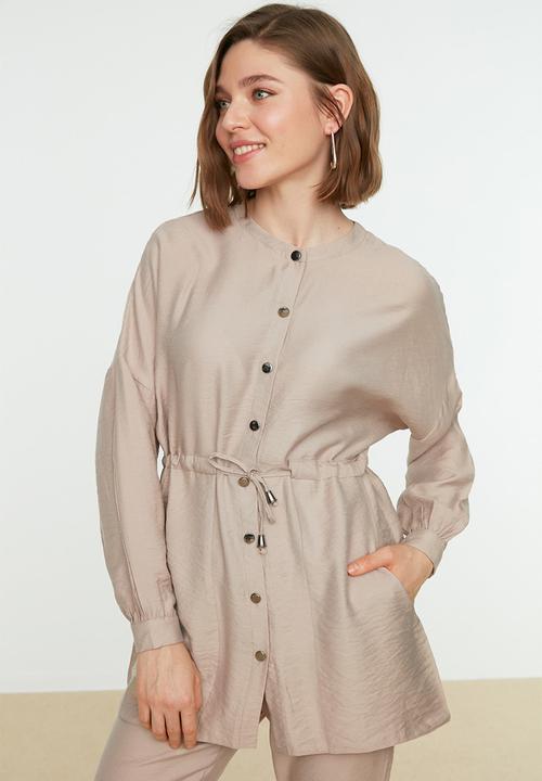 Trendyol - Tie Waist Shirt-Pants Weave Suit - Beige