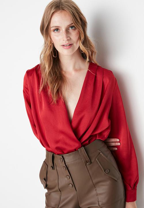 Trendyol - Satin Double Breasted Neck Woven Bodysuit - Burgundy
