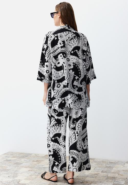Trendyol - Patterned Kimono Trousers Woven Bottom & Top Set - Black