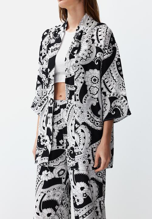 Trendyol - Patterned Kimono Trousers Woven Bottom & Top Set - Black