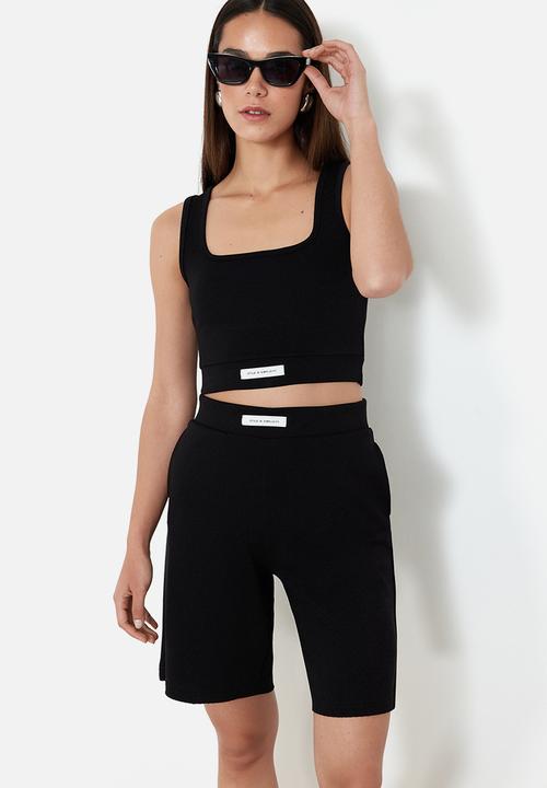 Trendyol - Label detailed soft textured knitted blouse top and bottom set - black