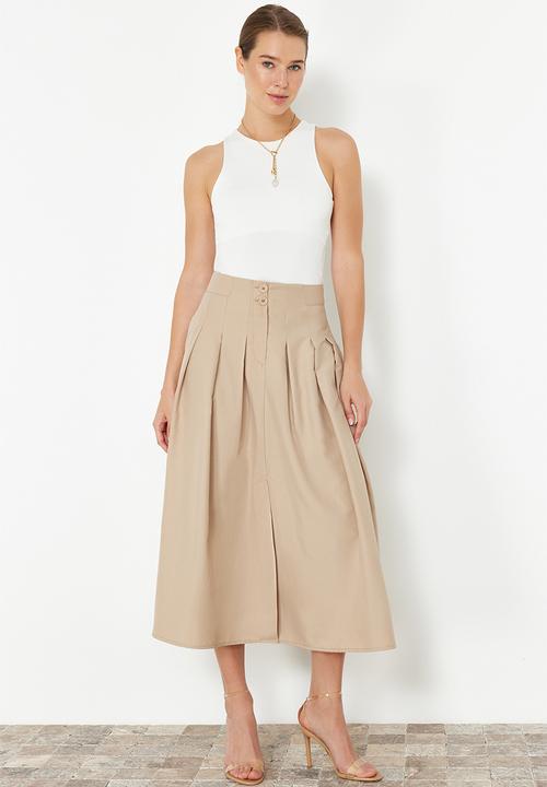 Trendyol - Pleated detailed front buttoned midi length woven skirt - beige