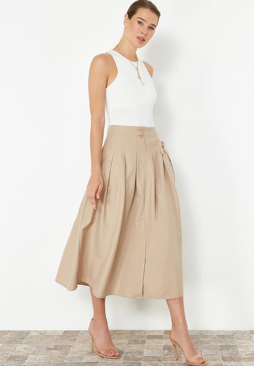Trendyol - Pleated detailed front buttoned midi length woven skirt - beige