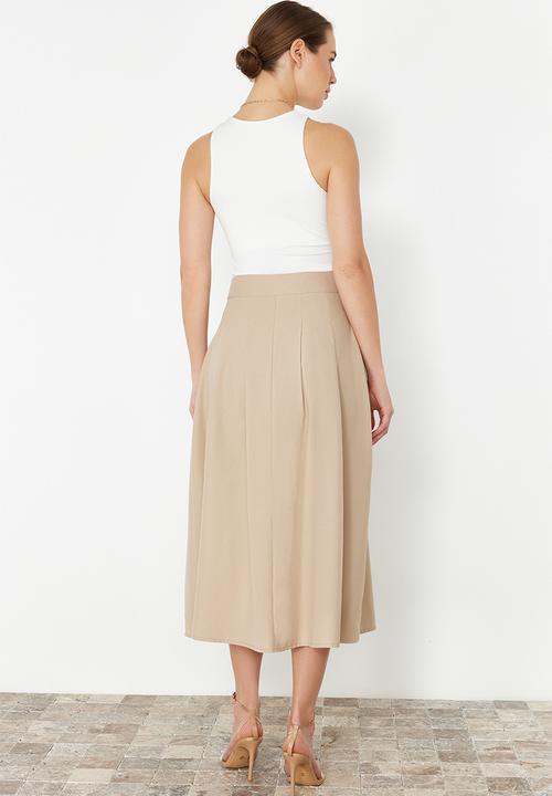 Trendyol - Pleated detailed front buttoned midi length woven skirt - beige