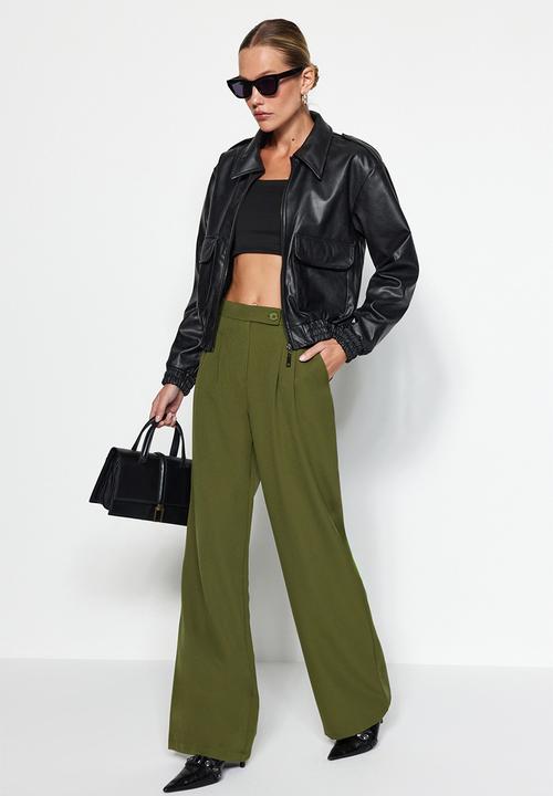 Trendyol - Wide Leg High Waist Woven Trousers - Dark Khaki