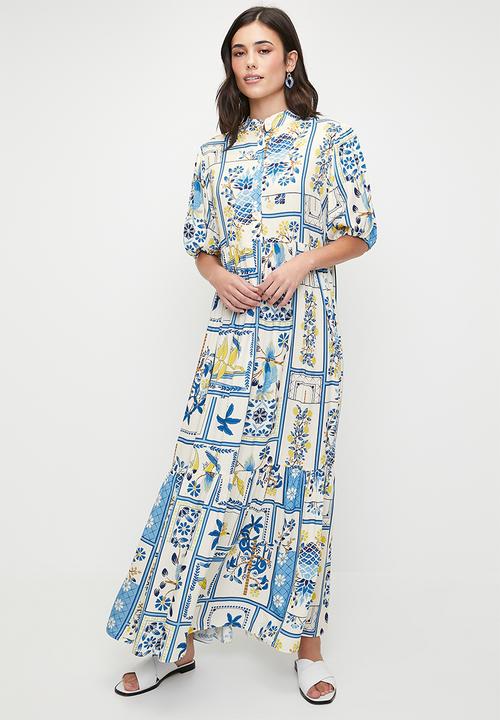 edit - Puff sleeve tiered maxi dress - blues holiday tile