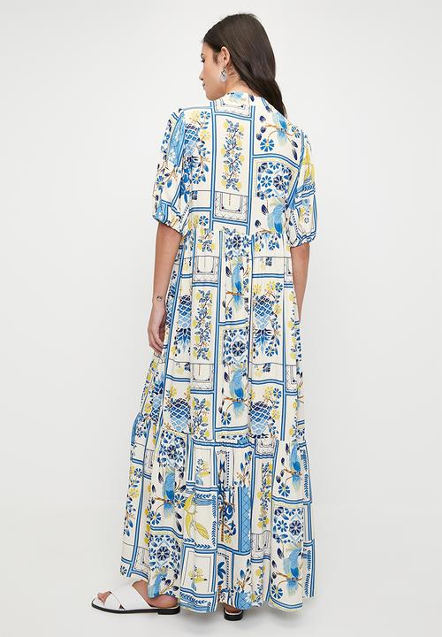 edit - Puff sleeve tiered maxi dress - blues holiday tile