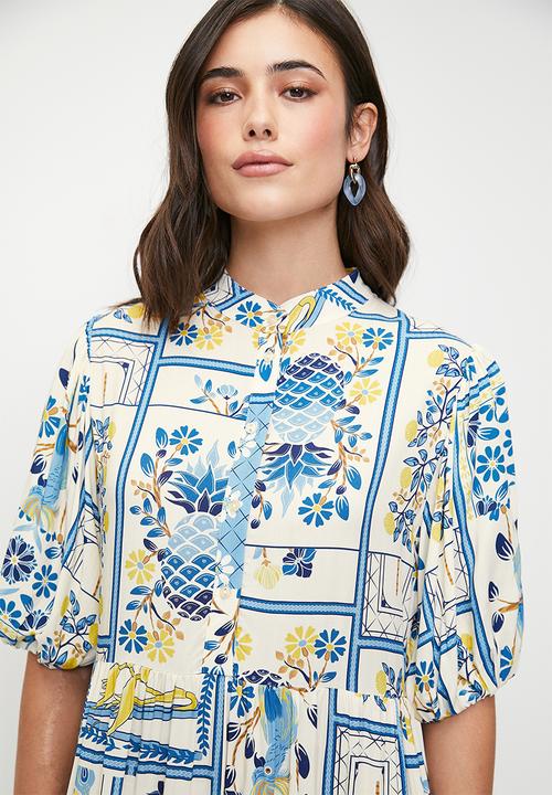 edit - Puff sleeve tiered maxi dress - blues holiday tile