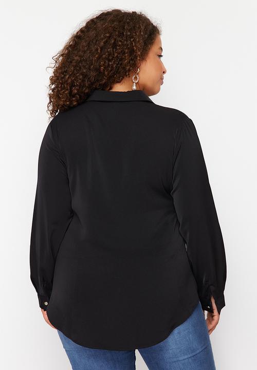 Trendyol - Woven Plus Size Stone Shirt Collar Blouse - Black