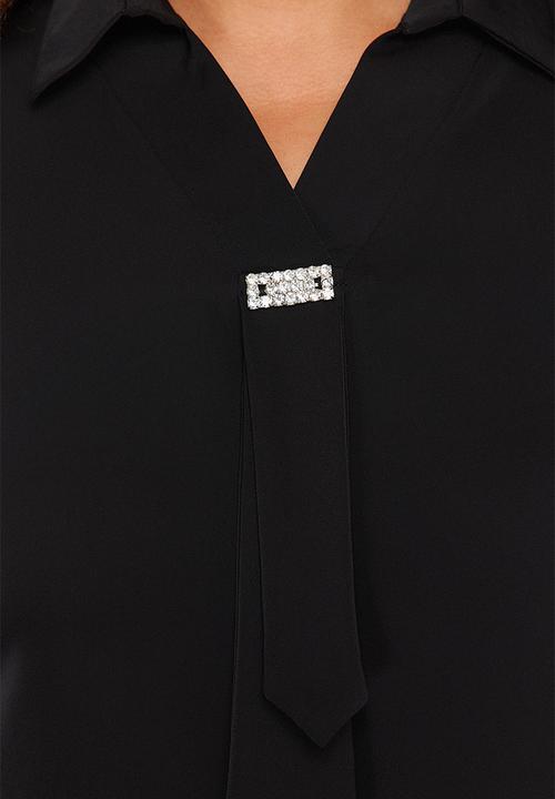 Trendyol - Woven Plus Size Stone Shirt Collar Blouse - Black