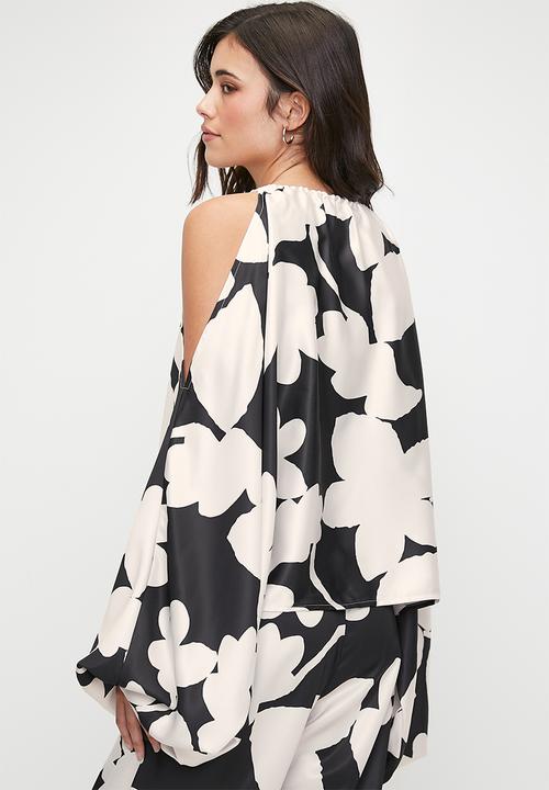 edit - Cold shoulder gauged neck blouse - mono floral