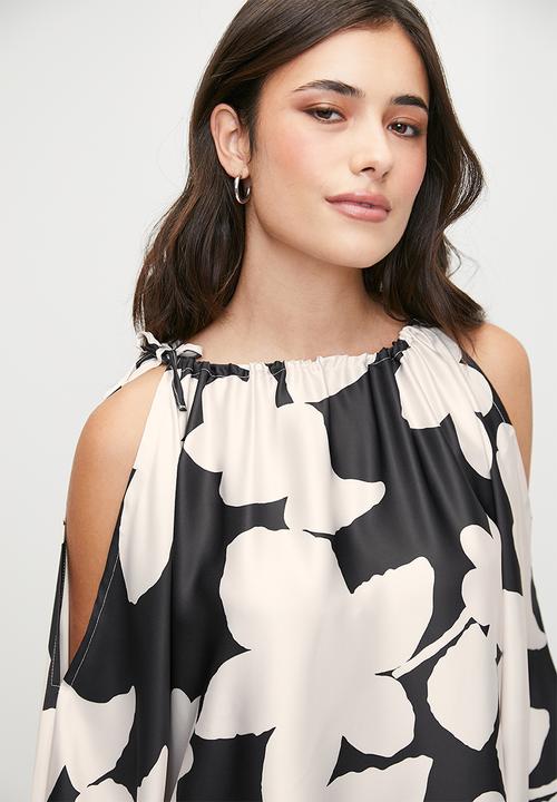 edit - Cold shoulder gauged neck blouse - mono floral