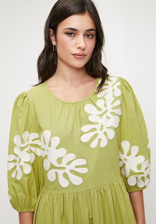 edit - Embroidery midi babydoll dress - kelp forest