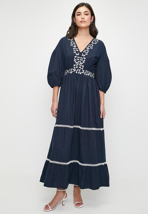 edit - Embroidery empire tiered maxi dress - navy/milk