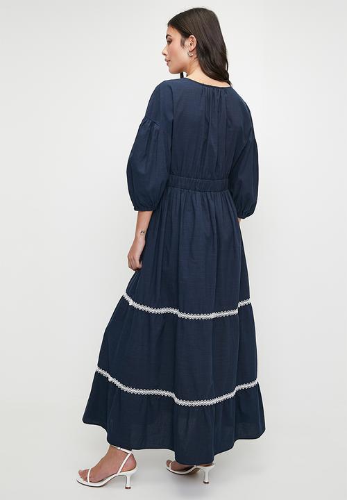 edit - Embroidery empire tiered maxi dress - navy/milk