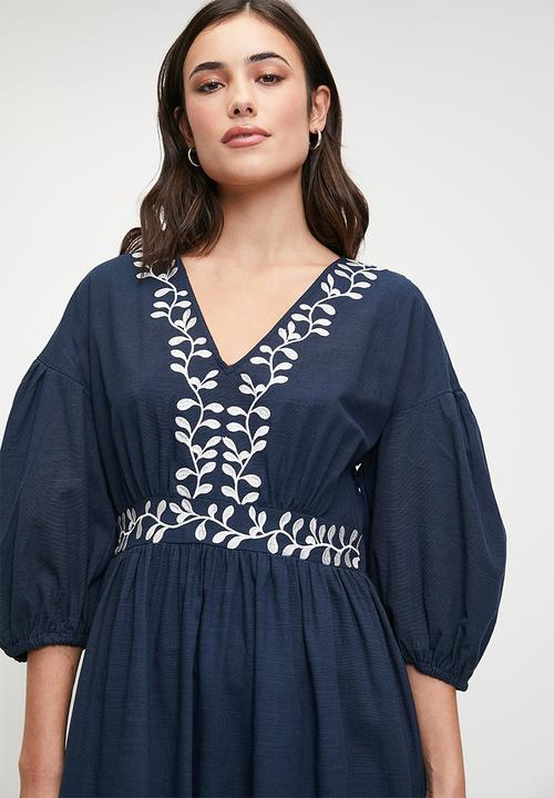 edit - Embroidery empire tiered maxi dress - navy/milk