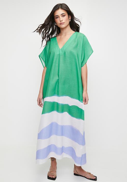 edit - Linen Blend Maxi Tunic Dress - Green Colour Blocked Waves Single Border