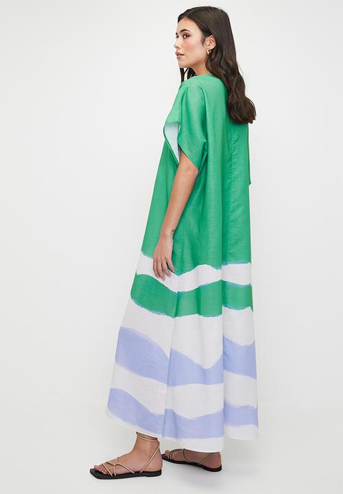 edit - Linen Blend Maxi Tunic Dress - Green Colour Blocked Waves Single Border