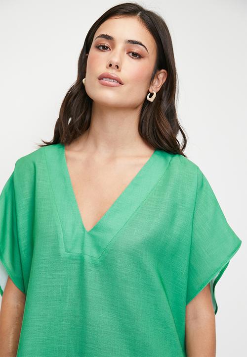 edit - Linen Blend Maxi Tunic Dress - Green Colour Blocked Waves Single Border