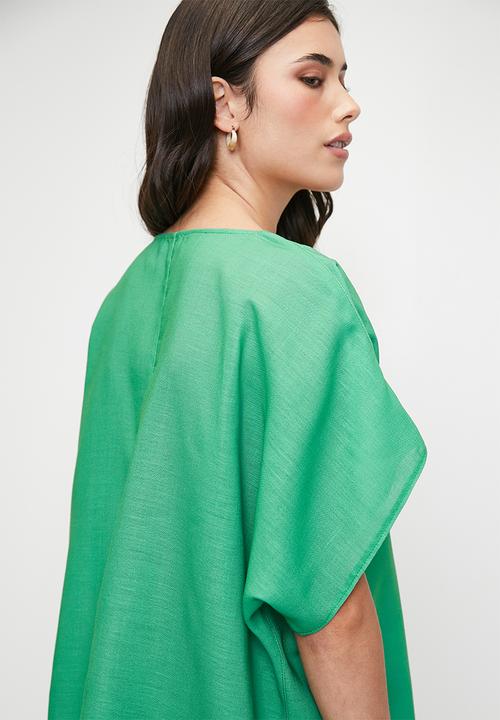 edit - Linen Blend Maxi Tunic Dress - Green Colour Blocked Waves Single Border