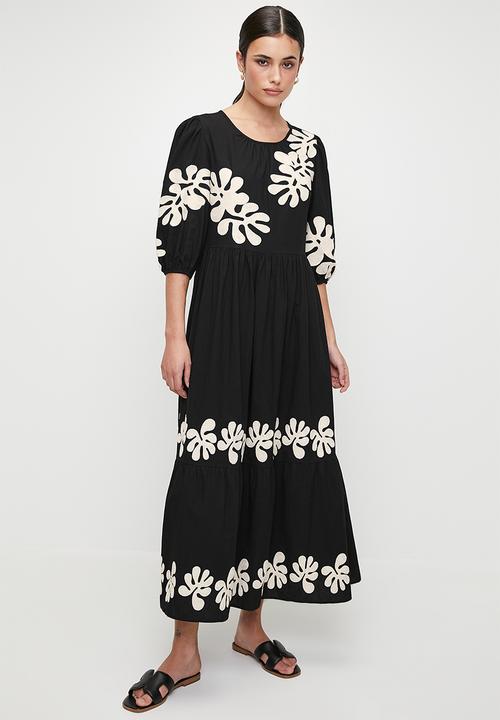 edit - Embroidery midi babydoll dress - black