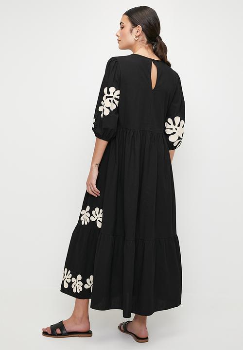 edit - Embroidery midi babydoll dress - black