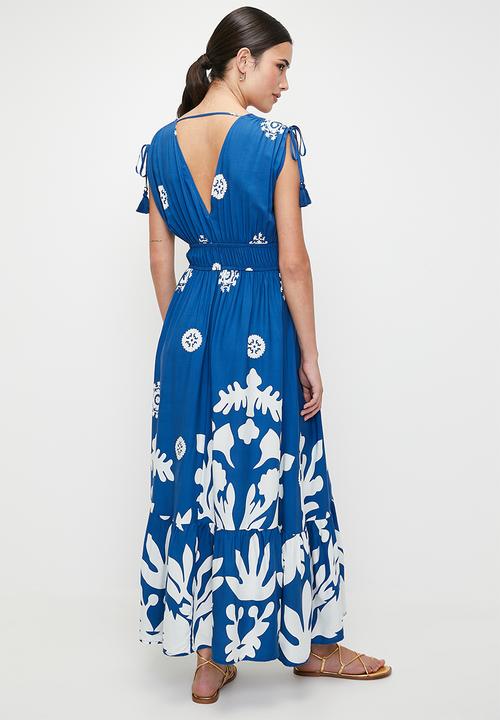 edit - Empire maxi with tassel trim - strong blue & milk single border