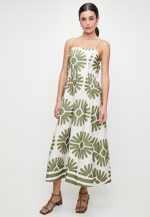 edit - Linen blend fit & flare cami midi dress - green falling fans dbl border