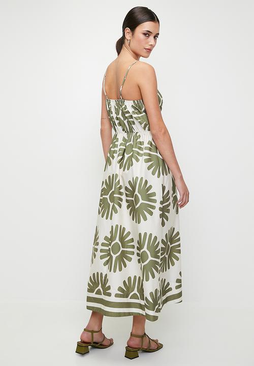 edit - Linen blend fit & flare cami midi dress - green falling fans dbl border