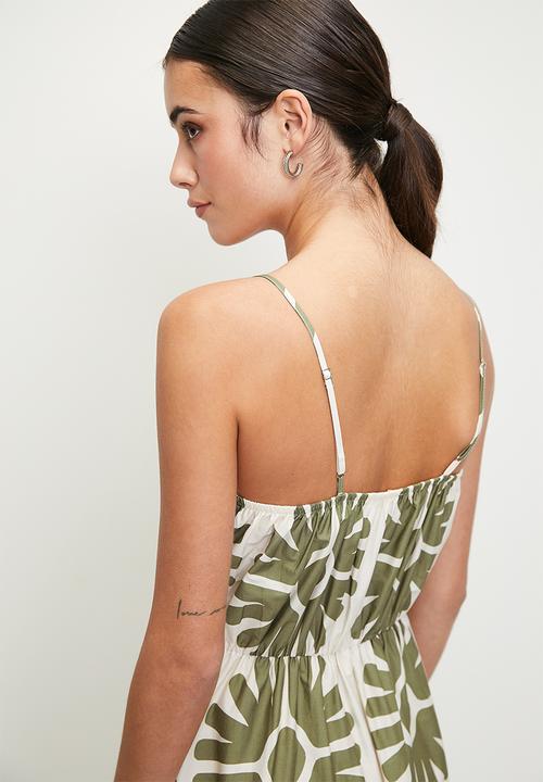 edit - Linen blend fit & flare cami midi dress - green falling fans dbl border