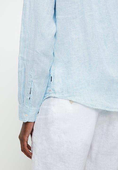 Superdry. - Casual Linen Long Sleeve Shirt - Seafoam Blue Stripe