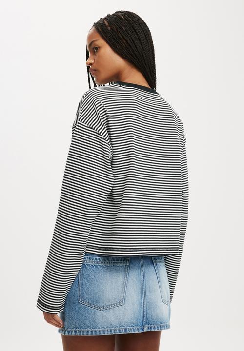 Cotton On - Boxy Crew Sweatshirt - Mini Stripe Black & White