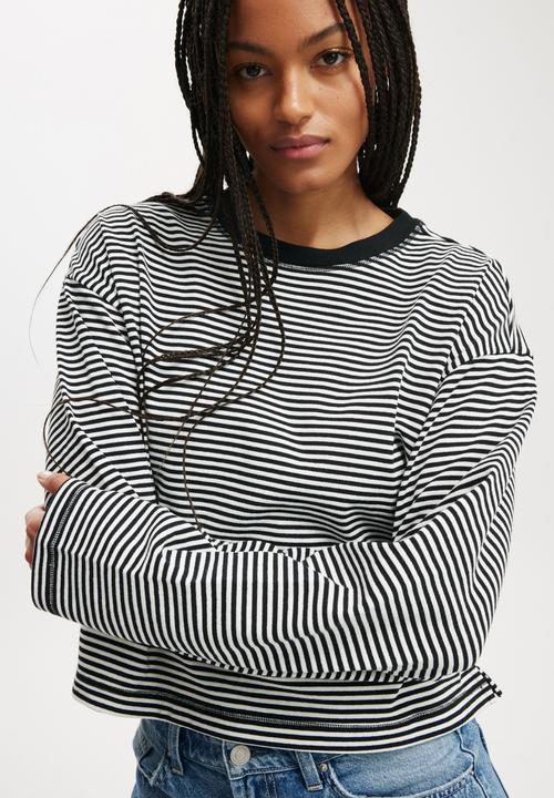 Cotton On - Boxy Crew Sweatshirt - Mini Stripe Black & White