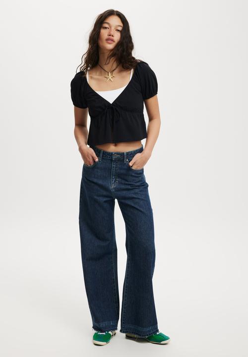 Cotton On - Mila Tie Front Short Sleeve Top - Black