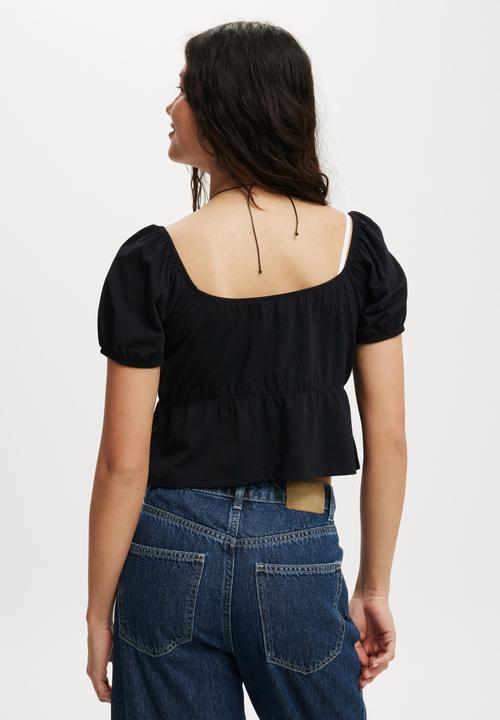 Cotton On - Mila Tie Front Short Sleeve Top - Black