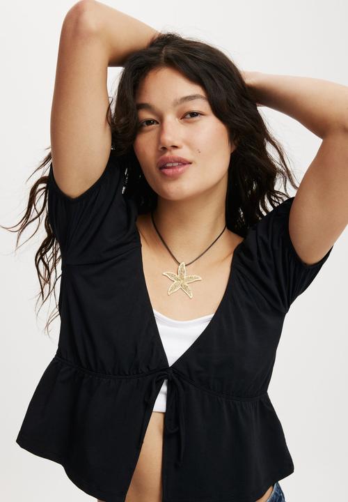 Cotton On - Mila Tie Front Short Sleeve Top - Black