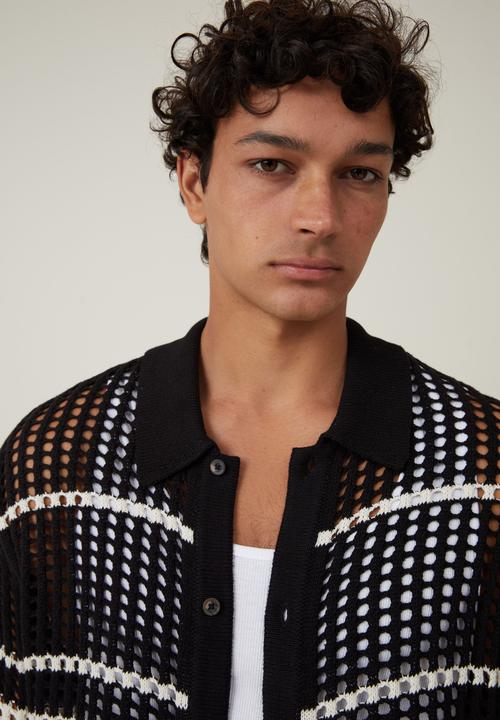 Cotton On - Pablo Short Sleeve Shirt- Black Retro Stripe
