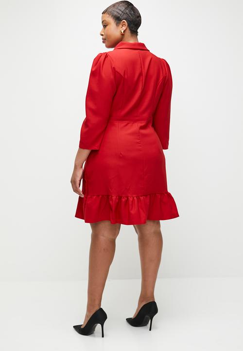Trendyol - Plus Size Unlined Three Quarter Sleeve Mini Woven Jacket Dress - Red