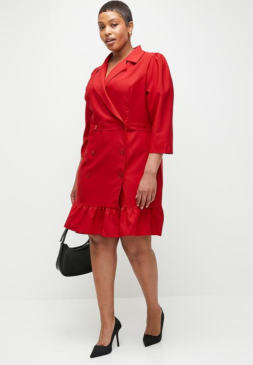 Trendyol - Plus Size Unlined Three Quarter Sleeve Mini Woven Jacket Dress - Red