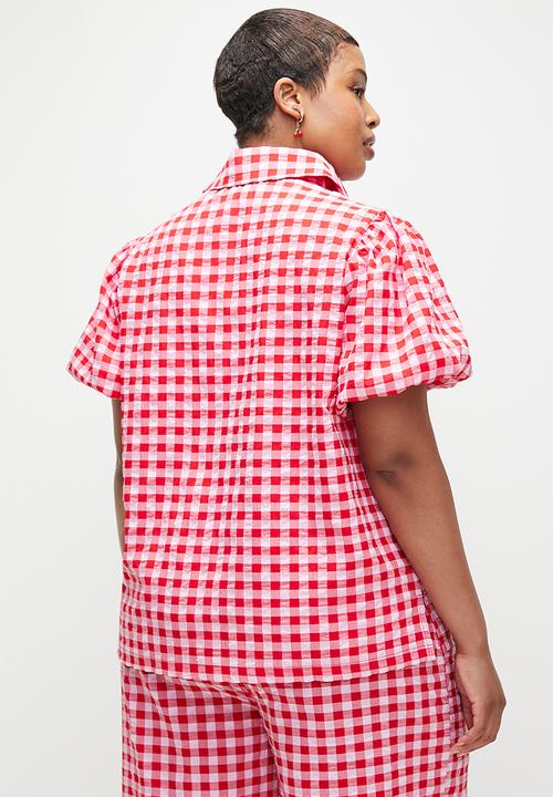 Me&B - Plus Concelaed Front Shirt With Balloon Sleeve - Red