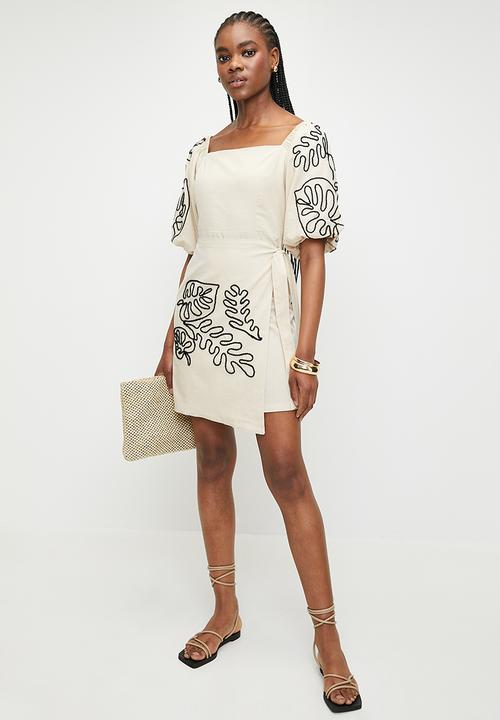 Superbalist - Embroidery puff sleeve wrap mini dress - neutral