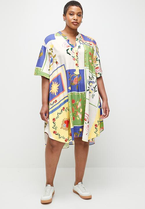 edit - Mandarin collar mini shirt dress - mystical rose patchwork aop.