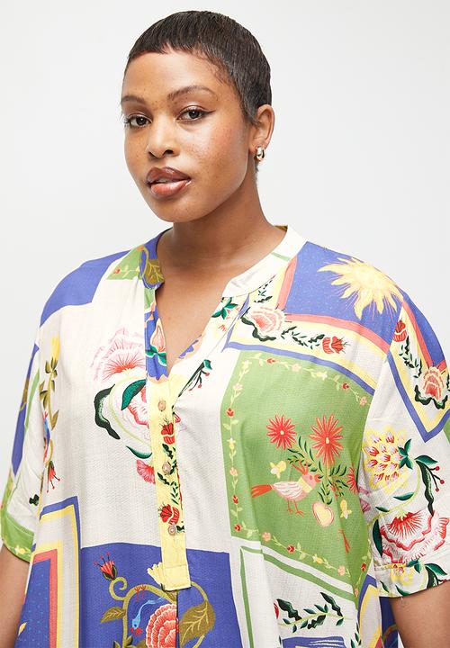 edit - Mandarin collar mini shirt dress - mystical rose patchwork aop.
