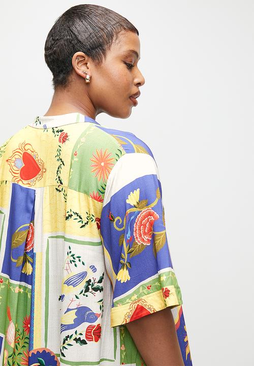edit - Mandarin collar mini shirt dress - mystical rose patchwork aop.