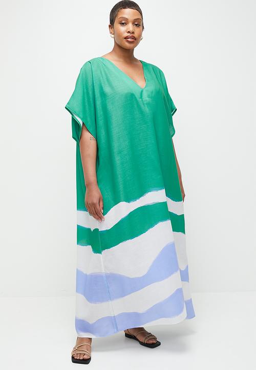 edit - Linen Blend Maxi Tunic Dress - Green Colour Blocked Waves Single Border.